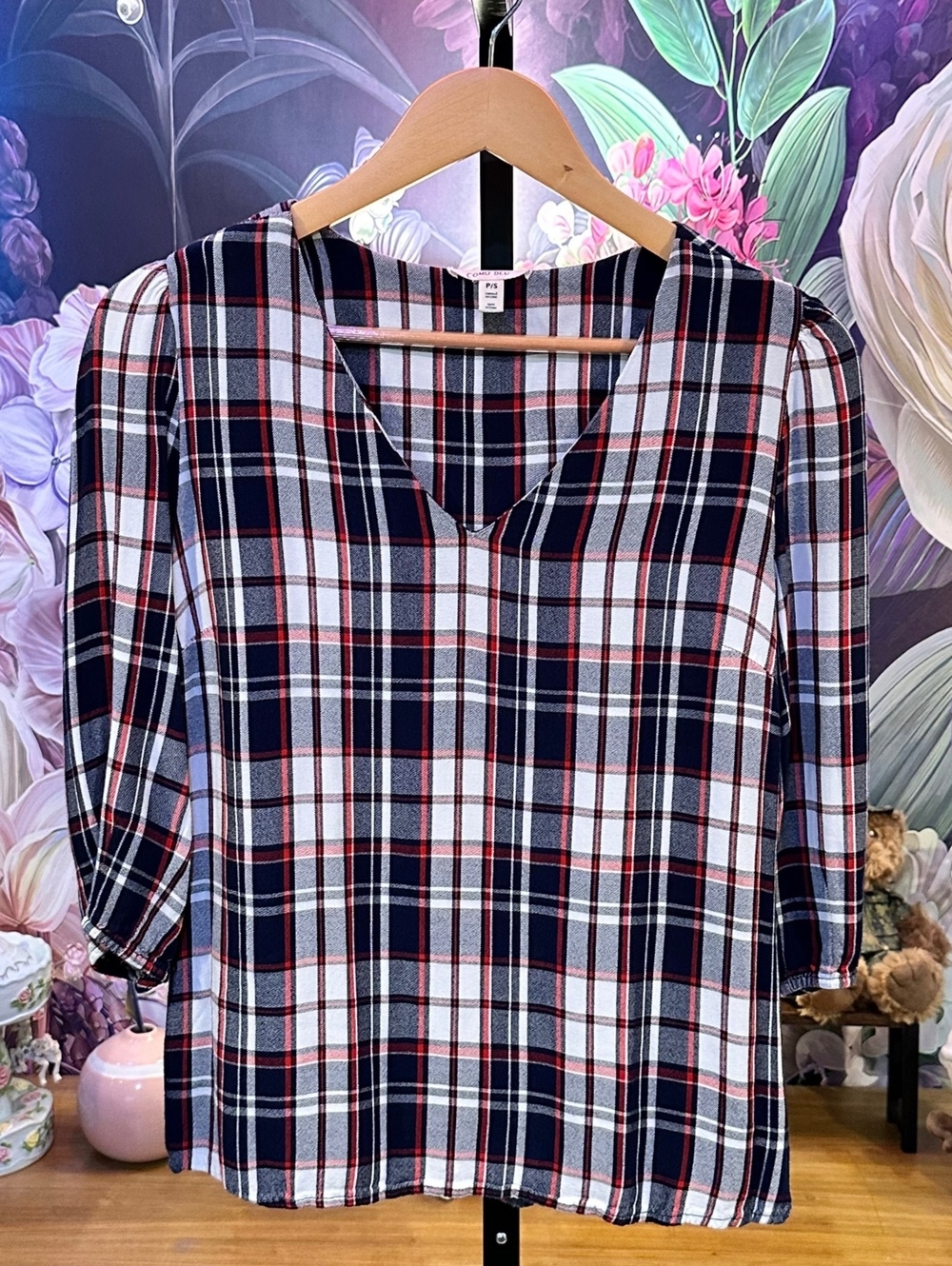 Como Blu Plaid Rayon Blouse Women's P/S Navy White Red Puff Sleeve